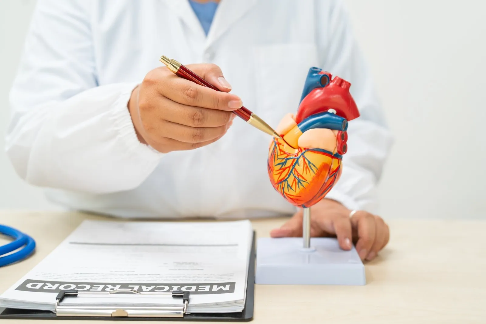 A female doctor works at a desk in a hospital, discussing heart diseases such as coronary artery disease